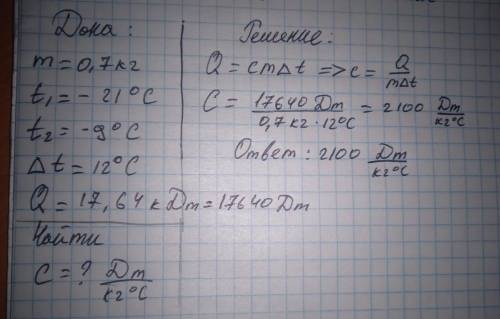 Кусок льда массой 0,7 кг нагревают от −20°C до −8°C, затрачивая при этом количество теплоты 17,64 кД