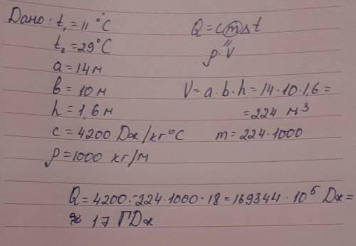 с физикой 8 класс Определи, какое количество теплоты пойдёт на нагревание воды от 15°C до 29°C в бас