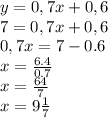 y=0,7x+0,6\\7=0,7x+0,6\\0,7x=7-0.6\\x=\frac{6.4}{0.7} \\x=\frac{64}{7} \\x=9\frac{1}{7}