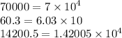 70000 = 7 \times {10}^{4} \\ 60.3 = 6.03 \times {10}^{} \\ 14200.5 = 1.42005 \times {10}^{4}