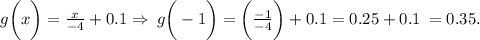 g \bigg(x \bigg) = \frac{x}{ - 4} + 0.1 \Rightarrow \: g \bigg( -1\bigg) = \bigg( \frac{ - 1}{ - 4} \bigg) + 0.1 = 0.25 + 0.1 \huge \: = 0.35.