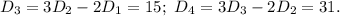 D_3=3D_2-2D_1=15;\ D_4=3D_3-2D_2=31.