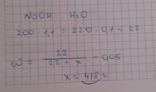 сколько воды необходимо прибавить к 200 мл 10% центного раствора NaOh(1,1 г/мл),чтобы получить 5%ный