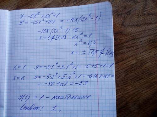 Найти наибольшее значение функции y=-5x^4+5x^2+1 на отрезке [1;2]