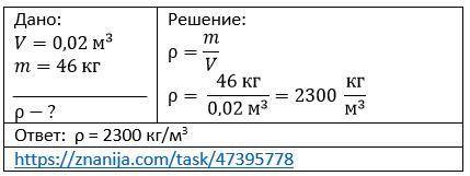 Определите плотность фарфора, если его кусок объёмом 0,02 м имеет массу 46 кг. Можете написать в тет