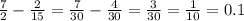 \frac{7}{2} -\frac{2}{15} = \frac{7}{30} - \frac{4}{30} = \frac{3}{30} = \frac{1}{10} = 0.1