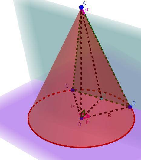 Через две образующих конуса, угол между которыми равен α, проведена плоскость, пересекающая основани