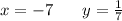 x = - 7 \: \: \: \: \: \: \: \: y = \frac{1}{7}