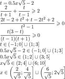 t=0.5x\sqrt5-2\\\dfrac{2}{t+1}+\dfrac{t}{t-1}\geqslant 2\\\dfrac{2t-2+t^2+t-2t^2+2}{t^2-1}\geqslant 0\\\dfrac{t(3-t)}{(t-1)(t+1)}\geqslant 0\\t \in (-1; 0] \cup (1; 3]\\0.5x\sqrt5-2 \in (-1; 0] \cup (1; 3]\\0.5x\sqrt5 \in (1; 2] \cup (3; 5]\\x\sqrt5 \in (2; 4] \cup (6; 10]\\x\in \left(\dfrac{2}{\sqrt5}; \dfrac{4}{\sqrt5} \right] \cup \left(\dfrac{6}{\sqrt5}; 2\sqrt5\right]