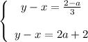 \left \{ \begin{array}{ccc} y-x=\frac{2-a}{3} \\ \\ y-x=2a+2 \end{array}\right