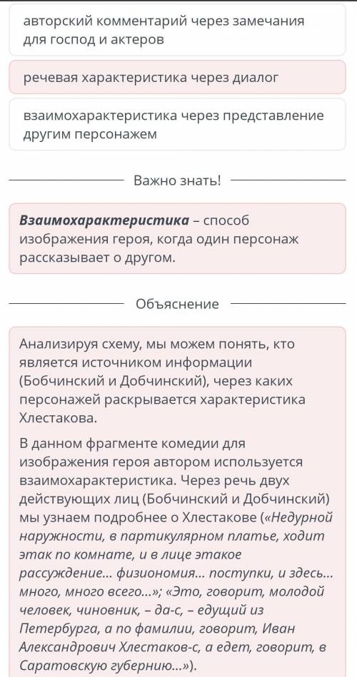 Дополни схему определяя используемый автором для изображения хлестакова