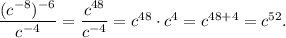 \dfrac{(c^{-8})^{-6}}{c^{-4}} = \dfrac{c^{48}}{c^{-4}} = c^{48}\cdot c^4 = c^{48+4} = c^{52}.