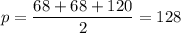 p=\dfrac{68+68+120}{2}=128