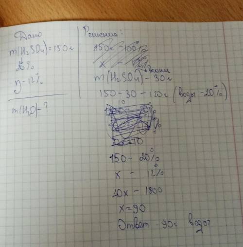 Какую массу воды надо добавить к 150 г 20 %-ного раствора серной кислоты для получения 12 %-ного рас