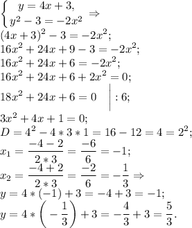 \displaystyle\left \{ {{y=4x+3,} \atop {y^2-3=-2x^2}} \right. \Rightarrow \\(4x+3)^2-3=-2x^2;\\16x^2+24x+9-3=-2x^2;\\16x^2+24x+6=-2x^2;\\16x^2+24x+6+2x^2=0;\\18x^2+24x+6=0~~~\bigg|:6;\\3x^2+4x+1=0;\\D=4^2-4*3*1=16-12=4=2^2;\\x_1=\frac{-4-2}{2*3} =\frac{-6}{6} =-1;\\x_2=\frac{-4+2}{2*3} =\frac{-2}{6} =-\frac{1}{3} \Rightarrow \\y=4*(-1)+3=-4+3=-1;\\y=4*\bigg(-\frac{1}{3} \bigg)+3=-\frac{4}{3} +3=\frac{5}{3} .