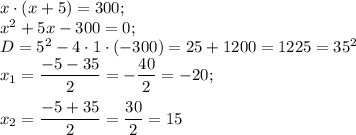 x\cdot(x+5)=300;\\x^{2} +5x-300=0;\\D=5^{2} -4\cdot1\cdot(-300)=25+1200=1225=35^{2} \\x{_1}= \dfrac{-5-35}{2} =-\dfrac{40}{2} =-20;\\\\x{_2}= \dfrac{-5+35}{2} =\dfrac{30}{2} =15