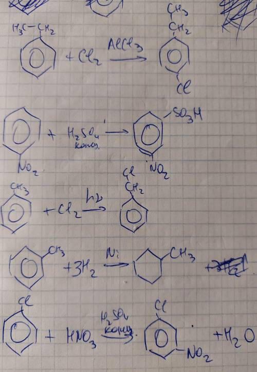 Составить уравнения реакций: 1) этилбензол с хлором в присутствии катализатора 2) нитробензол с кон