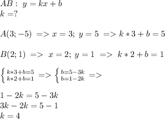 AB:\; y=kx+b\\k=?\\\\A(3;-5)\; =x=3;\; y=5\; =k*3+b=5\\\\B(2;1)\; =\; x=2;\; y=1\; =\; k*2+b=1\\\\\left \{ {{k*3+b=5} \atop {k*2+b=1}} \right.=\left \{ {{b=5-3k} \atop {b=1-2k}} \right.=\\\\1-2k=5-3k\\3k-2k=5-1\\k=4