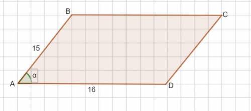 Одна из сторон параллелограмма равна 16, другая равна 15, а косинус одного из углов равен корень из