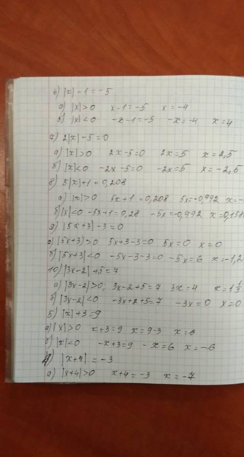 6) x|-1=-5; 8) 5|x| + 1 = 0 208 7) 2|x|-5=0; 9) |5x + 3| - 3 = 0 10) |3x - 2| + 5 = 7 9) |5x + 3| -