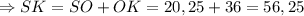 \Rightarrow SK = SO + OK = 20,25 + 36 = 56,25