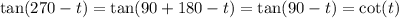  \tan(270 - t) = \tan(90 + 180 - t) = \tan(90 - t) = \cot(t) 