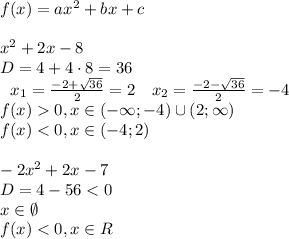 f(x)=ax^2+bx+c\\\\x^2+2x-8\\D=4+4\cdot8=36\\\left.\begin{array}{cc}x_1=\frac{-2+\sqrt{36}}2=2&x_2=\frac{-2-\sqrt{36}}2=-4\end{array}\right.\\f(x)0,x\in(-\infty;-4)\cup(2;\infty)\\f(x)<0,x\in(-4;2)\\\\-2x^2+2x-7\\D=4-56<0\\x\in\emptyset\\f(x)<0,x\in R