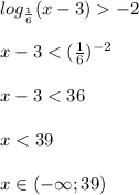 log_{\frac{1}{6} }(x-3)-2\\\\x-3<(\frac{1}{6})^{-2}\\\\x-3<36\\\\x<39\\\\x\in(-\infty;39)