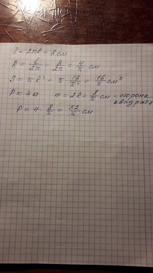 Длина окружности равна 8 см. найти площадь круга и периметр квадрата, описанного около этой окружнос