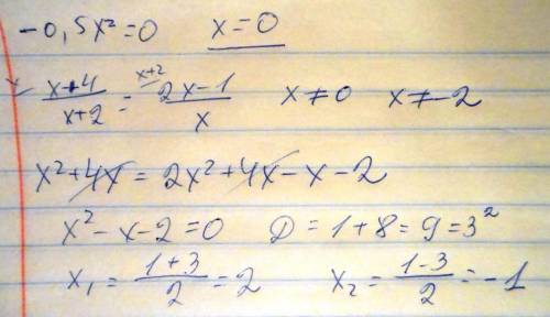 Скв.уравнениями! 30 ! 1)– 0,5x^2 = 0 2)х+4/х+2=2х-1/х