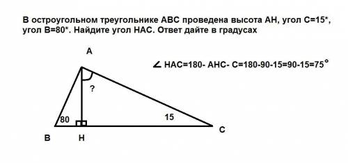 Востроугольном треугольнике abc проведена высота ah, угол с=15*, угол b=80*. найдите угол hac. ответ