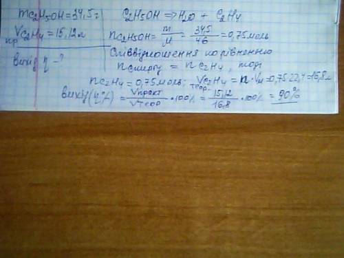 Еталон массою 34,5 г прлпустили над нагрітим каталізатором і добули етилен 15,12 л .обємна частка ви