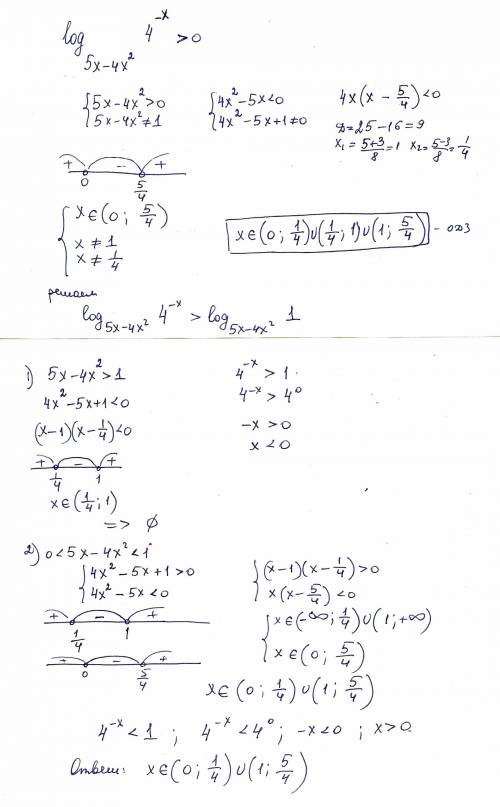 решить log(5x-4x^2) (4^-x) > 0 ответ (0; 1\4) u ( 1; 5\4)