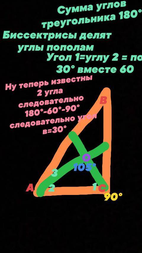 С! в прямоугольном ∆ авс (угол с = 90°) биссектрисы cd и ae пересекаются в точке о. угол аос = 105° 