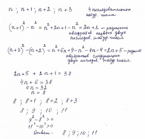 Сумма разности квадратов двух последовательных натуральных числе и разности квадратов следующих двух