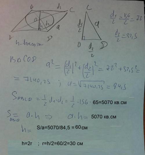 Диагонали ромба равны 65 см и 156 см. найдите радиус окружности, вписанной в ромб.