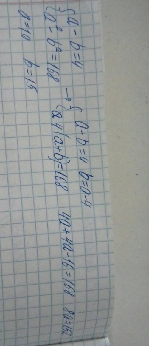 Разность двух чисел равна 4. а разность их квадратов 168. найдете эти числа​