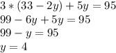 3 * (33 - 2y) + 5y = 95\\99 - 6y + 5y = 95\\99 - y = 95\\y = 4