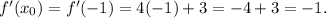 \(f'(x_0)= f'(-1)=4(-1) +3=-4+3=-1.\)