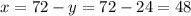 x = 72 - y = 72 - 24 = 48