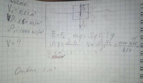 Плавающий на воде деревянный брусок вытесняет воду объёмом 0,85м3. определите оъем тела​