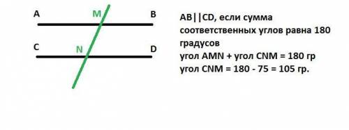 Прямая mn является секущей для прямых ab и cd. угол amn=75градусов. при каком значении угла cnm прям