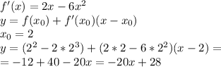 f'(x)=2x-6x^2\\y=f(x_0)+f'(x_0)(x-x_0)\\x_0=2\\y=(2^2-2*2^3)+(2*2-6*2^2)(x-2)=\\=-12+40-20x=-20x+28