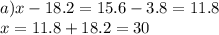 a)x - 18.2 = 15.6 - 3.8 = 11.8 \\ x = 11.8 + 18.2 = 30