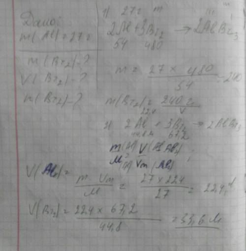 Определите n(массу и объем br2),который израсходует на реакцию с al массой 27 грамм