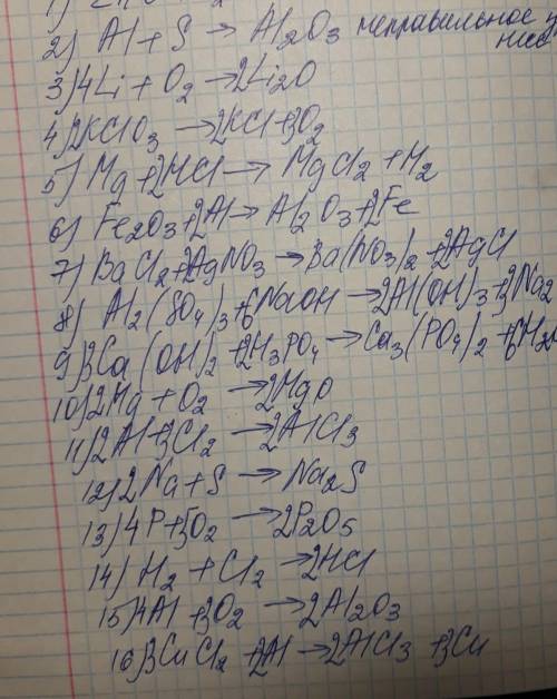 Сэтим ! 1. zno + o2 → zno 2. al + s → al2o3 3. li + o2 → li2o 4. kclo3 → kcl + o2 5. mg + hcl → mgcl