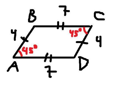 Палалелограмме авсd стороны равны 4 см и 7 см, а угол между ними 45 чему равна площадь? а) 7 под кор