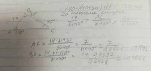 Решите треугольник: ав = 14 угол а=110 угол в=30 : ) решите с теоремы синусов и косинусов