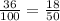  \frac{36}{100} = \frac{18}{50} 