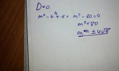 При каком значении m уравнение имеет 1 корень: 4у^2 + my+5=0